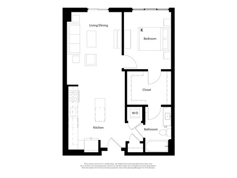 Floor plan for 1 bed, 1 bath, 742 sqft